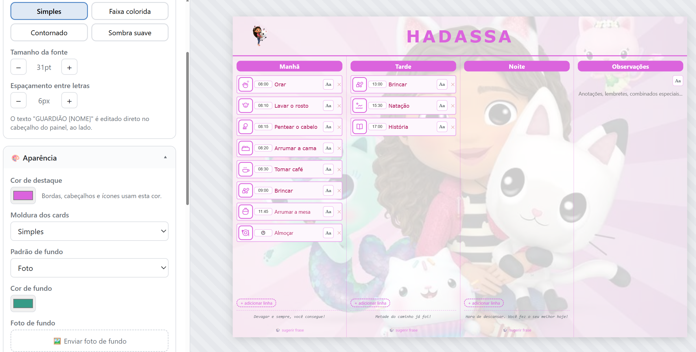 Gerador com painel de controles de personalização aberto