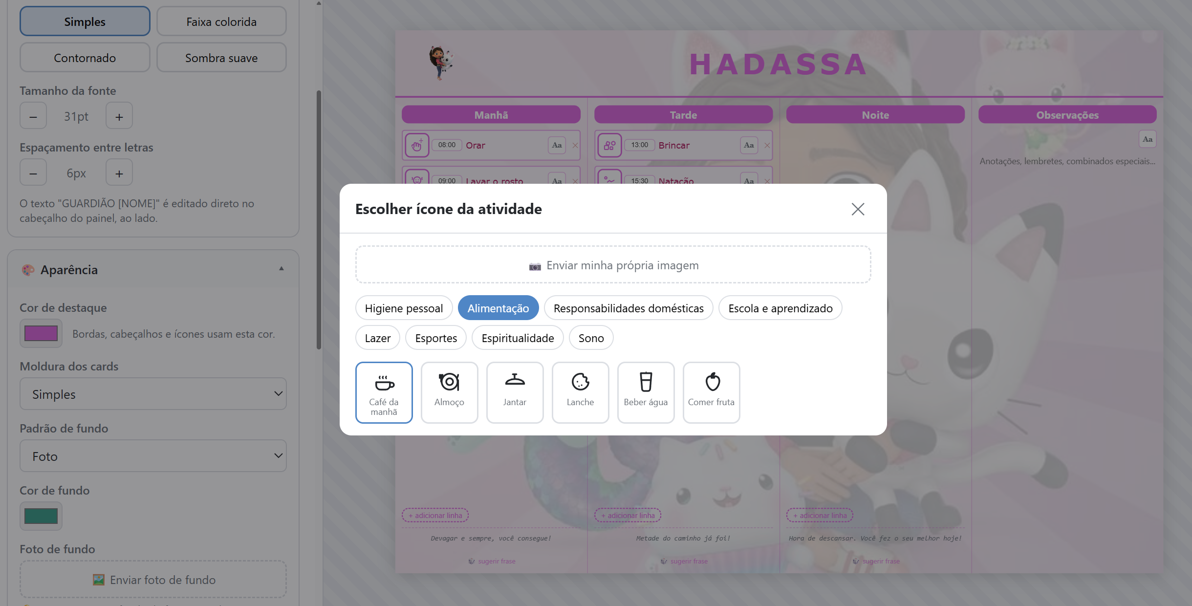 Seletor de ícones do gerador aberto, mostrando categorias de atividades